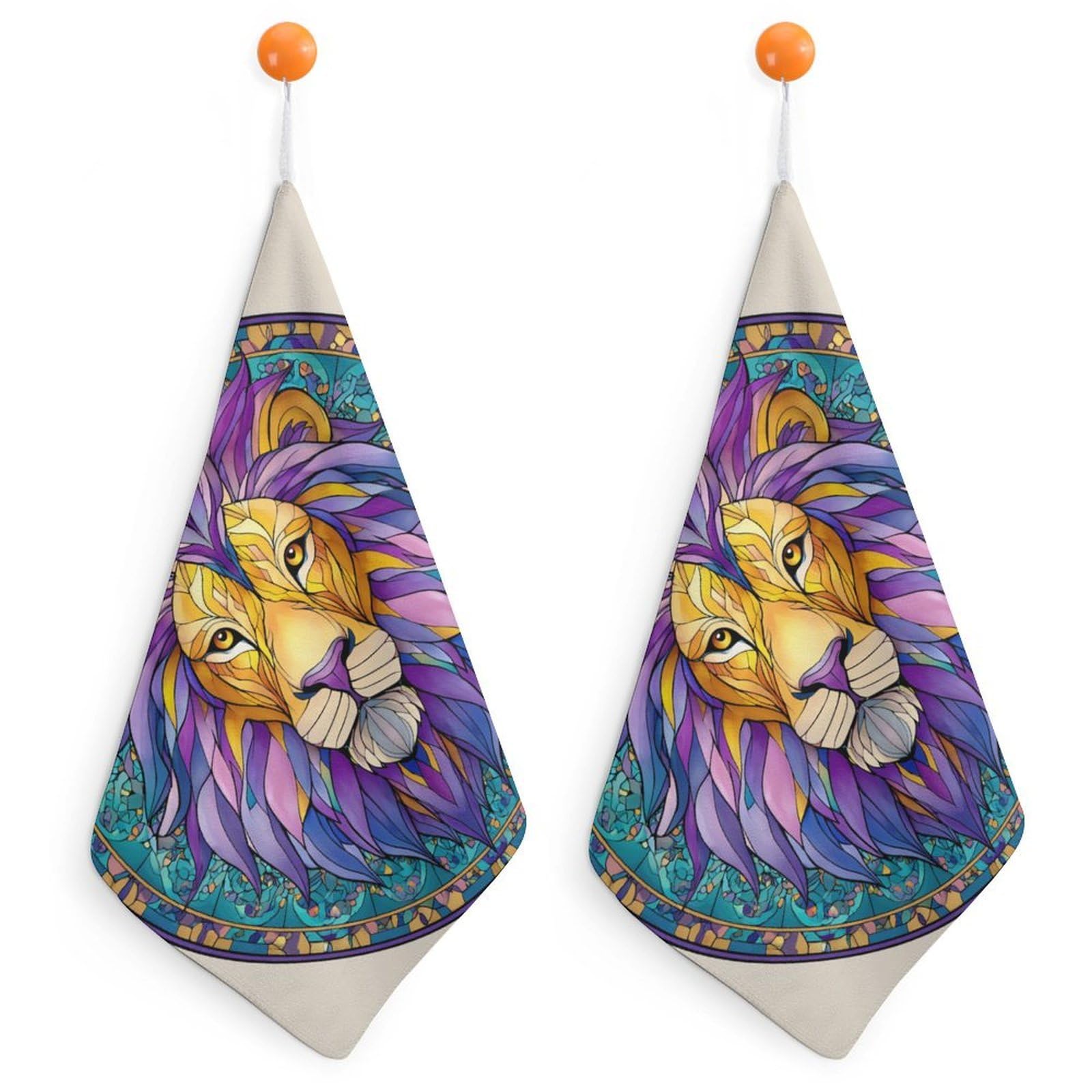 Jubonexis Mandala Style Lion Face Small Hand Towel with Hanging Loop 2 PCS Absorbent Soft Wash Cloth for Kitchen Bathroom