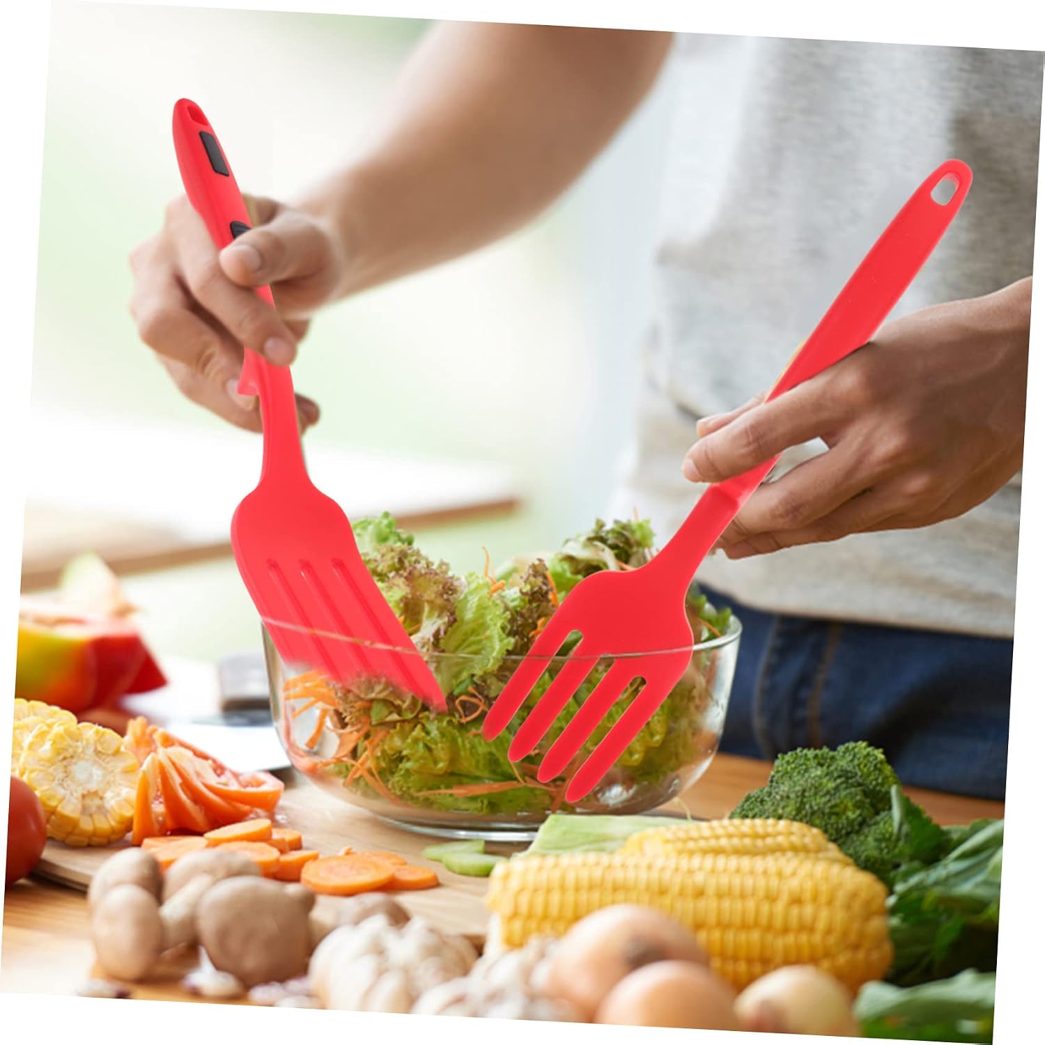 Silicone Pasta Fork Red Ergonomic Reusable Kitchen Tool