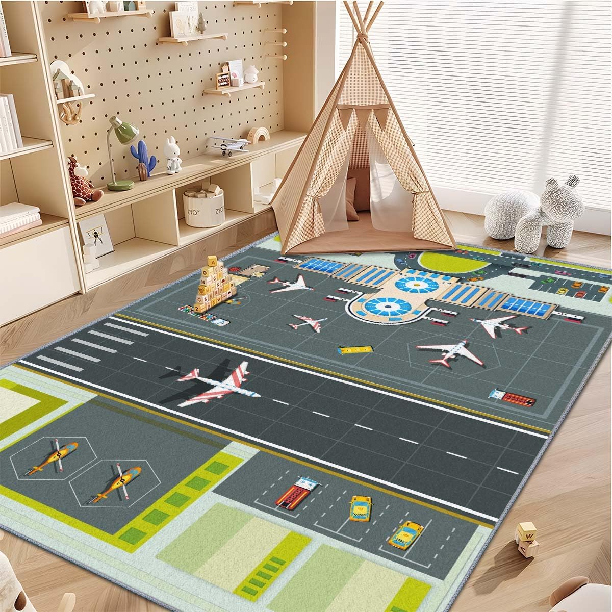 Kids Rug,Children's Room Rug, Fun Airport Kids Play Mat,Aerodrome Traffic System Playmat Carpet, Rail City Living Carpet, Washable Non-Slip Children's Mat (Airport, 31x47in)