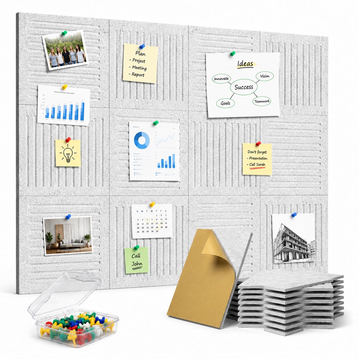 12 Pack Fabric Bulletin Board 30x30 cm - 120x90 cm Grey Pin Noticeboard