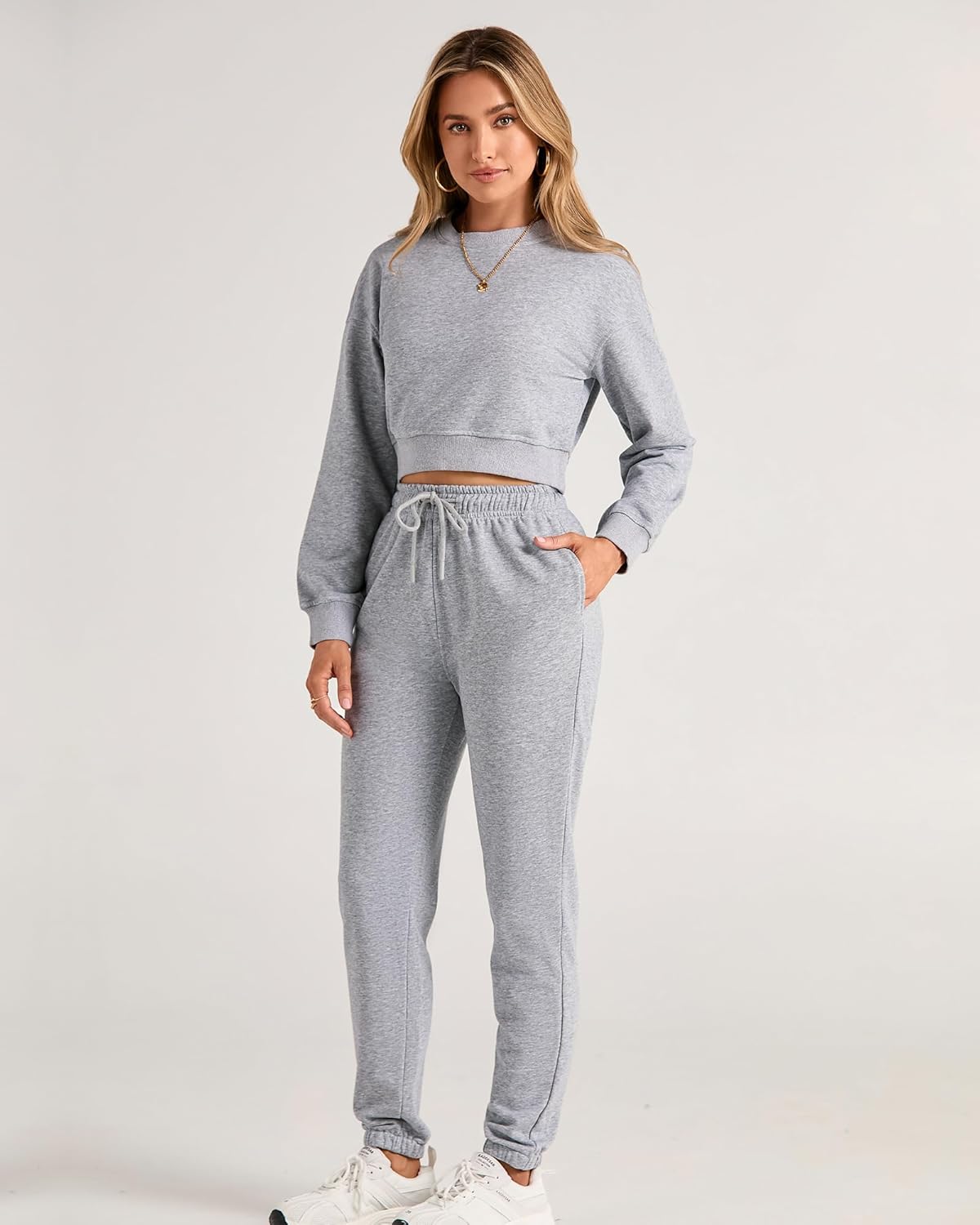 BTFBM Women 2 Piece Outfits Long Sleeve Crop Top Pullover Drawstring Pant Jogger Set Casual Sweatsuits Tracksuit Pockets - Image 6