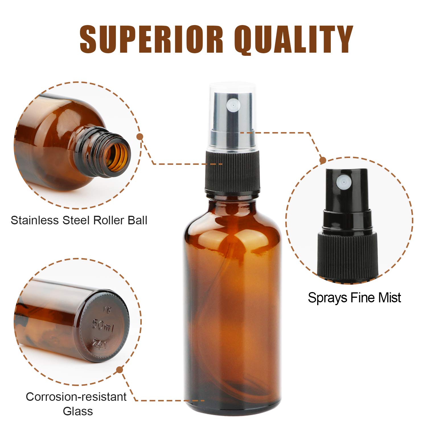 Maredash Amber Glass Spray Bottles, 16 Pack 50ml Amber Refillable Storage Bottles for Essential Oils