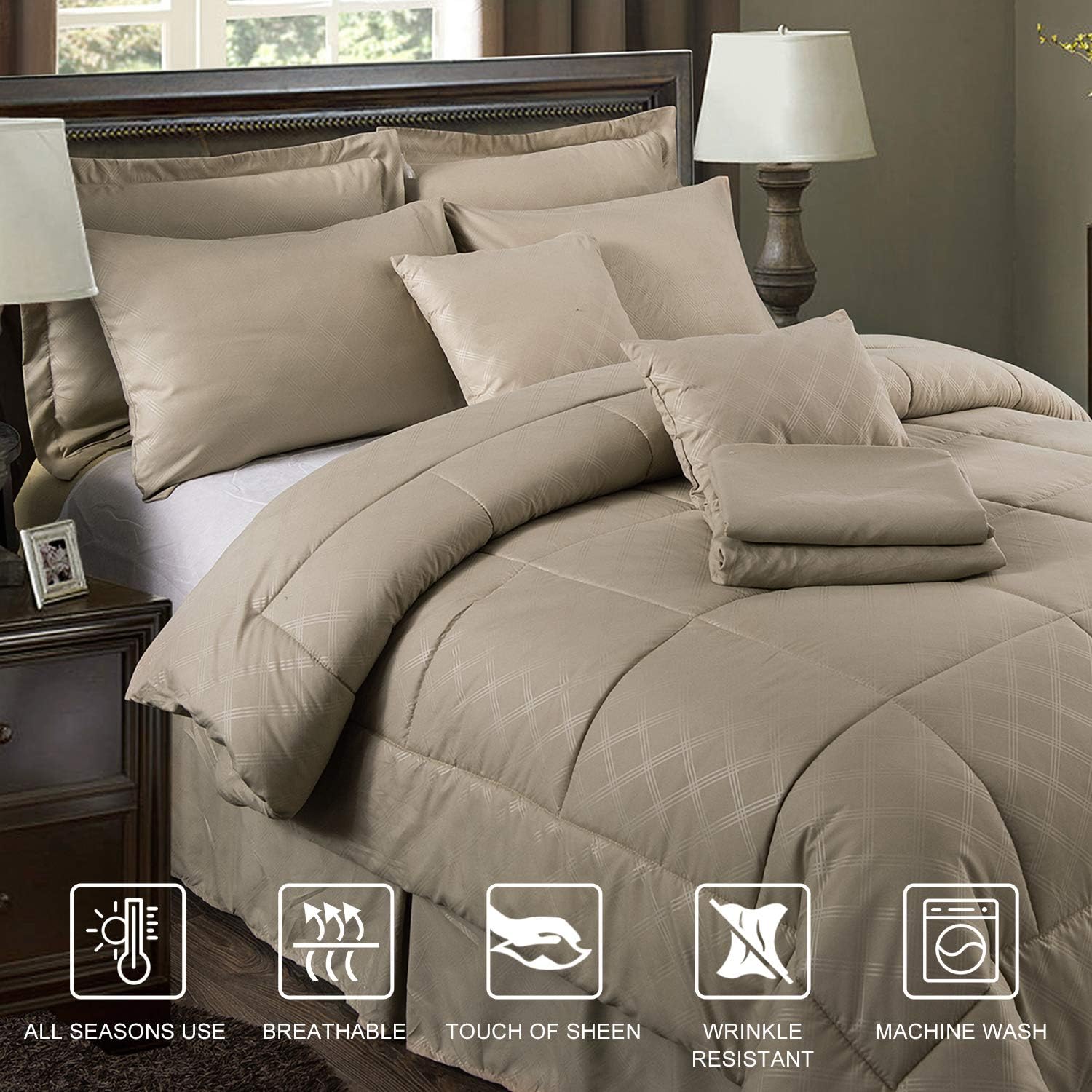 MERRY HOME 10 Piece Comforter Set Bed-in-A-Bag with Sheet Set - Plush Luxury Solid Color Cal King Comforter Set with Quilted Pattern for All Season, Taupe : Home & Kitchen