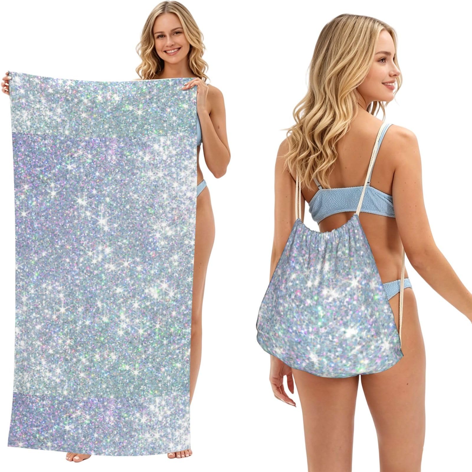 Poadnly Bling Silver Printed Glitter, 2 in 1 Packable Towel Bag, Beach Towels with Drawstring Backpack for Travel Holiday Camping