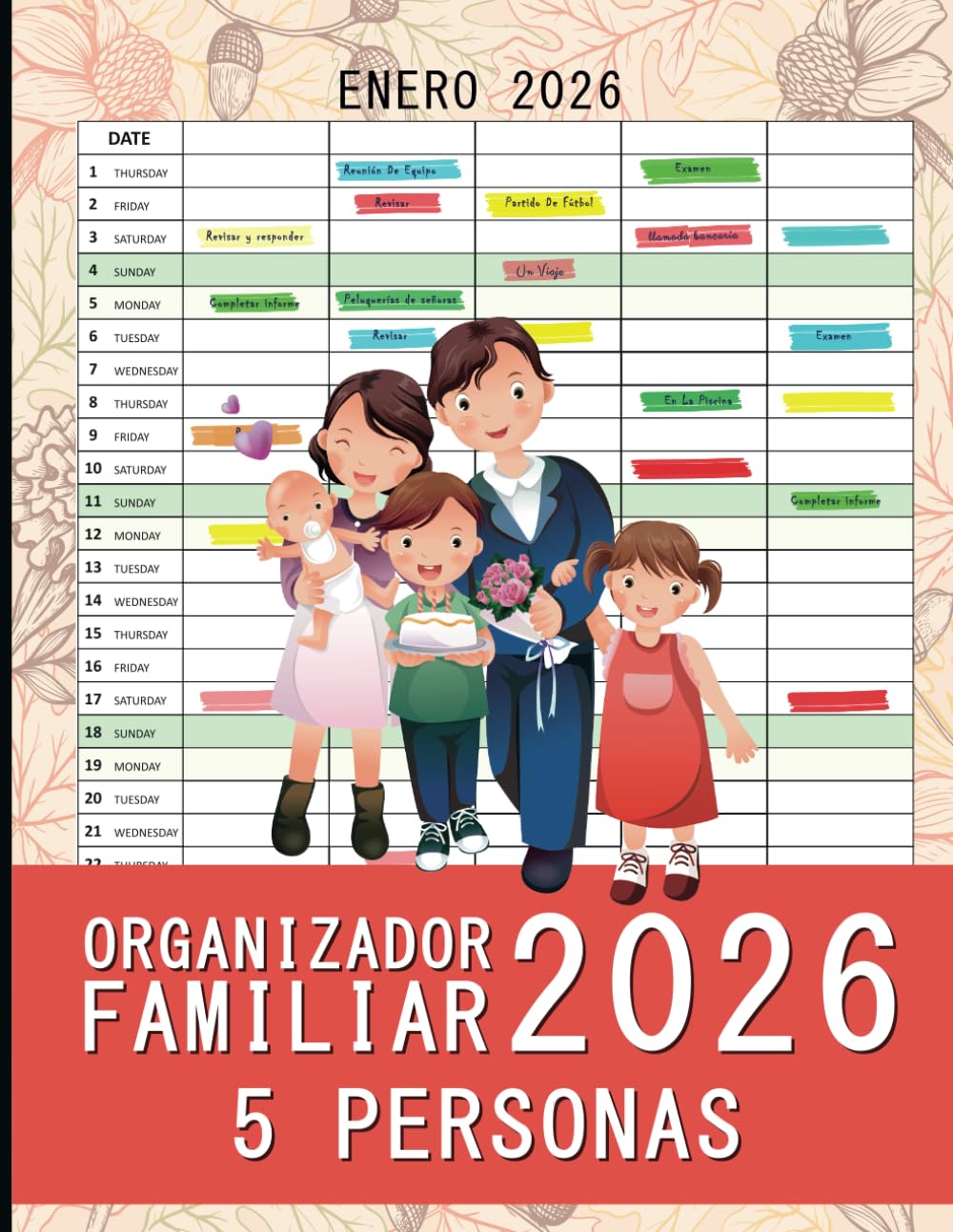 Organizador Familiar 2026 5 Personas: Calendario familiar mensual para 5 columnas Enero a Diciembre 12 meses, con festivos nacionales, tamaño A4