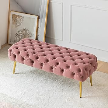 Velvet Bedroom Bench with Gold Metal Legs, Tufted Upholstered End of Bed Bench, Indoor Benches for Entryway Dining Living Room Window, Accent Ottoman Bench long Seat Foot Rest Stool  Color Pink , S