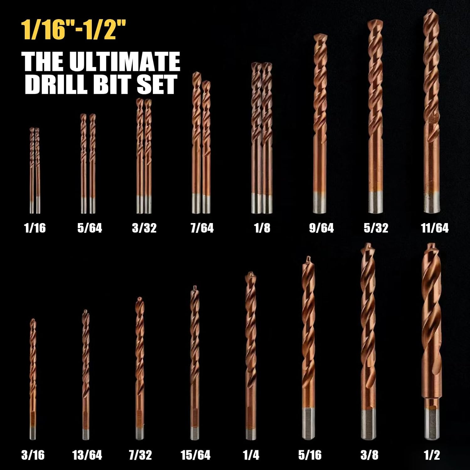 21-Piece M35 Cobalt Drill Bits for Hardened Metal, 3-Flute Shank Design Reduces Breakage, 135° Point for Fast Starts in Stainless Steel, Cast Iron, Wood & Plastic (1/16 to 1/2 inch)