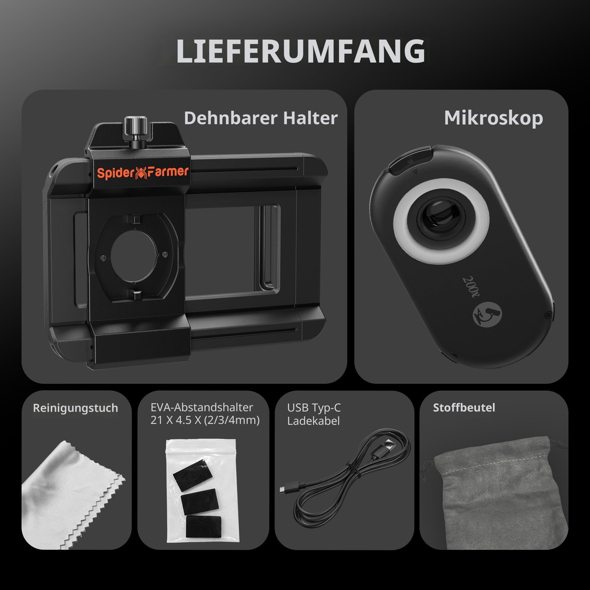 Spider Farmer Handy Mikroskop 200x Smartphone Mikroskop, Handy Lupe mit LED für Gärtner/Kinder, Kompatibel mit iPhone/Android