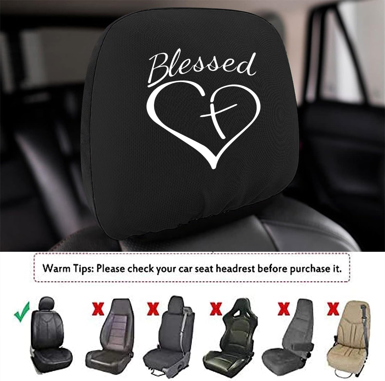 2 Pack Headrest Covers for Blessed Cross and Heart Christian, Seat Cover Accessories Car Headrest Protector Universal Fit to All Car/Truck Models (Blessed) image 2