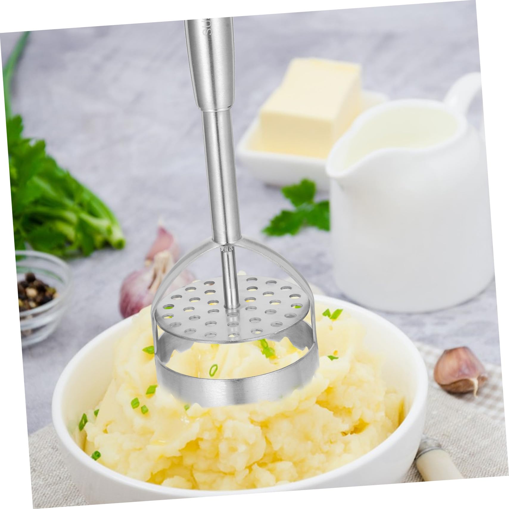 Edelstahl Kartoffelstampfer mit Ergonomischem Griff Multifunktionaler Gemüse Obststampfer Wiederverwendbarer Küchenhelfer für Feines Püree Spülmaschinenfest und Leicht zu Reinigen