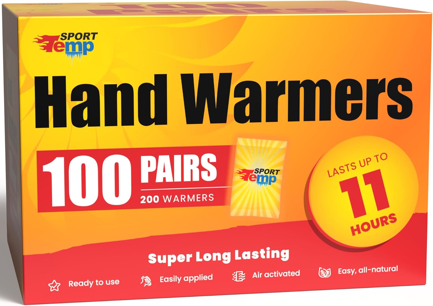 Hand Warmers - Up to 11 Hours of Heat, Super Long Lasting - Easy, All Natural - Air Activated, for Body, Hands & Toes - Odorless Hot Hand Warmer - Sport Temp
