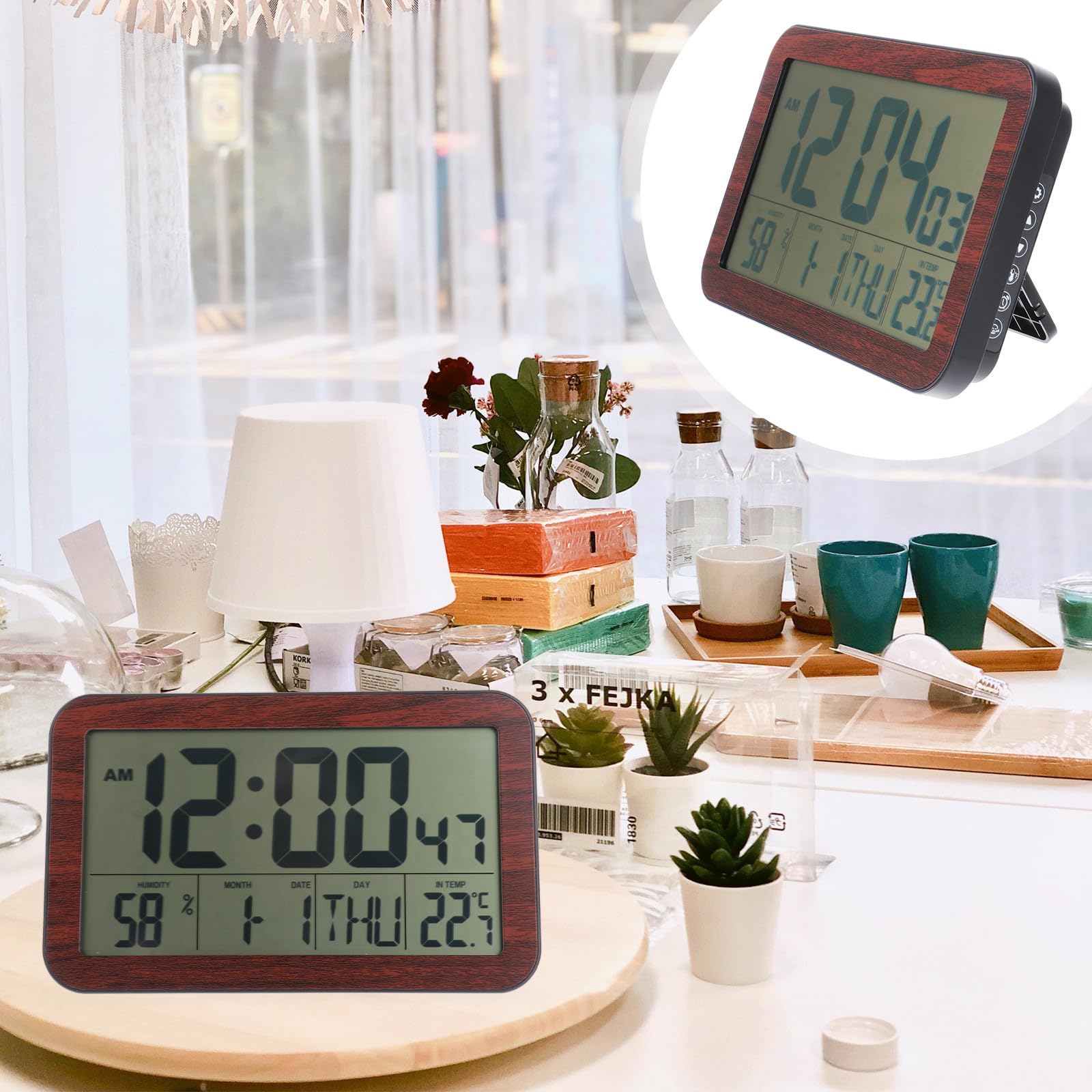 HOMSFOU Orologio Digitale da Parete Nero Calendario Perpetuo e Temperatura, Silenzioso e Auto-regolante in Plastica per Ufficio e Soggiorno Moderno