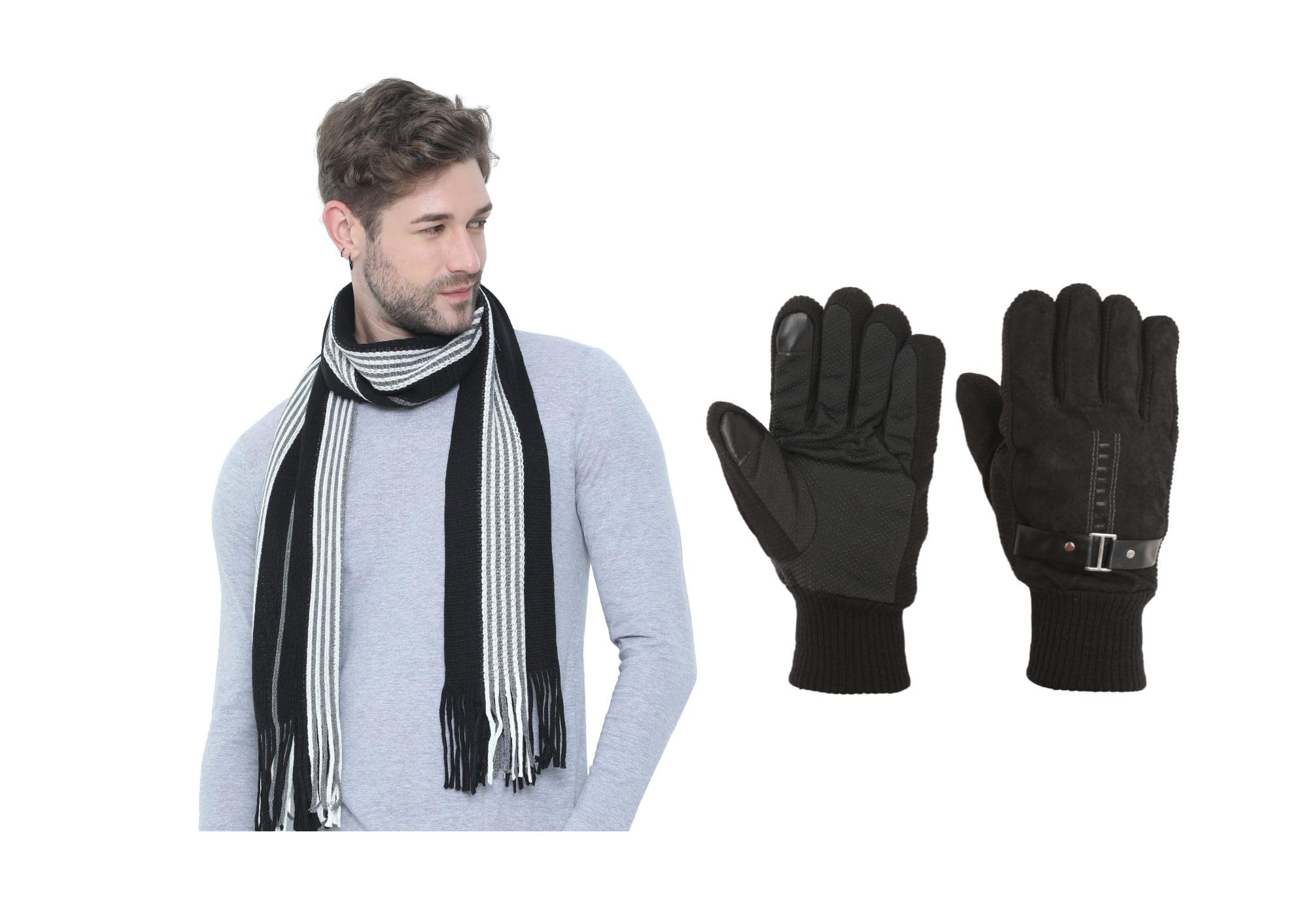 fabseasons unisex Casual Self Design Bold stripes Acrylic Woolen Muffler/Scarf/Stole and Woolen Winter gloves-picture-24