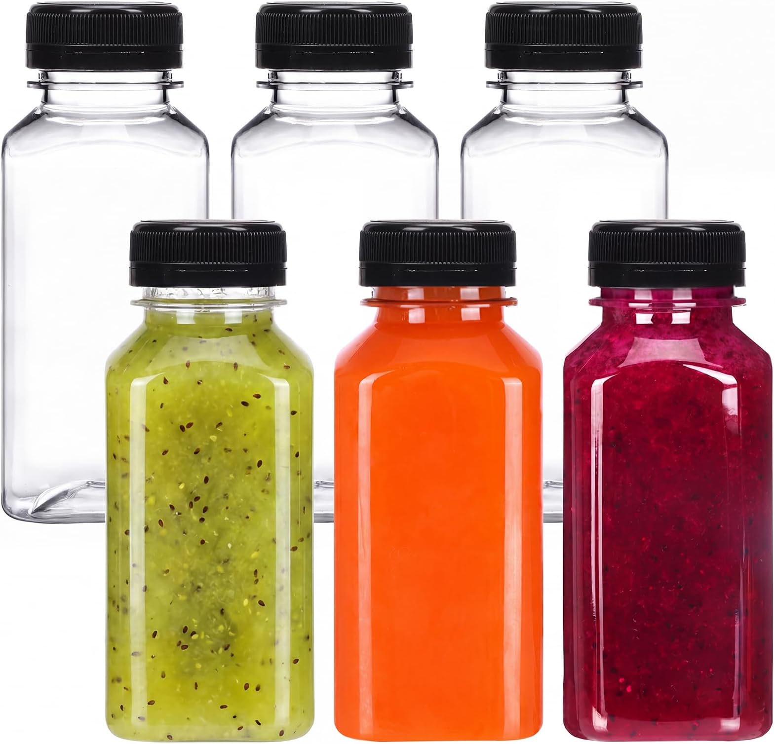 Moretoes 6pcs 8oz Plastic Juice Bottles with Caps, Clear Empty Reusable Water Bottles, Disposable Beverage Containers Bulk for Juicing Smoothies Turmeric Juice Milk and Other