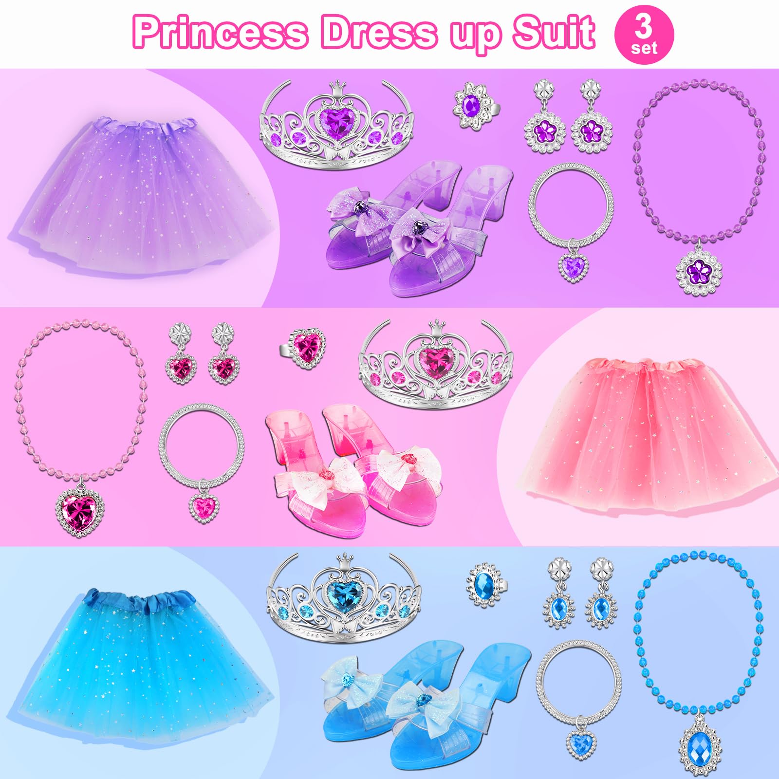Princesa Zapatos Juguetes para Niñas,Zapatos Princesa Niñas, Princesa Juguetes Niña con 3 Pares de Zapatos, 3 Tutu Niña, Corona, Collar, Regalos Niñas para Navidad Cumpleaños para 3 4 5 6 Años