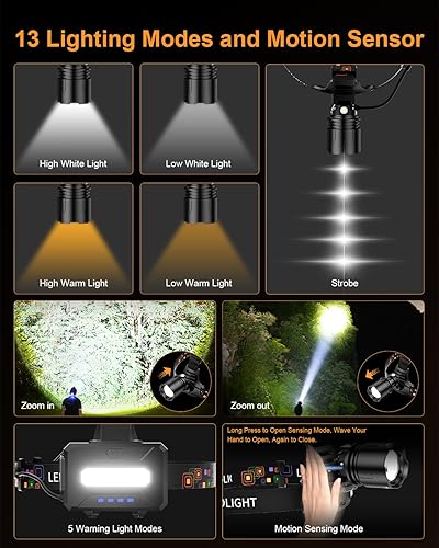 Miniatura 5 de SKYFIRE Linterna frontal recargable de alto lúmenes, sensor de movimiento de 7500 mAh, luz LED con zoom, 13 modos, 90 ajustable, IPX6 impermeable