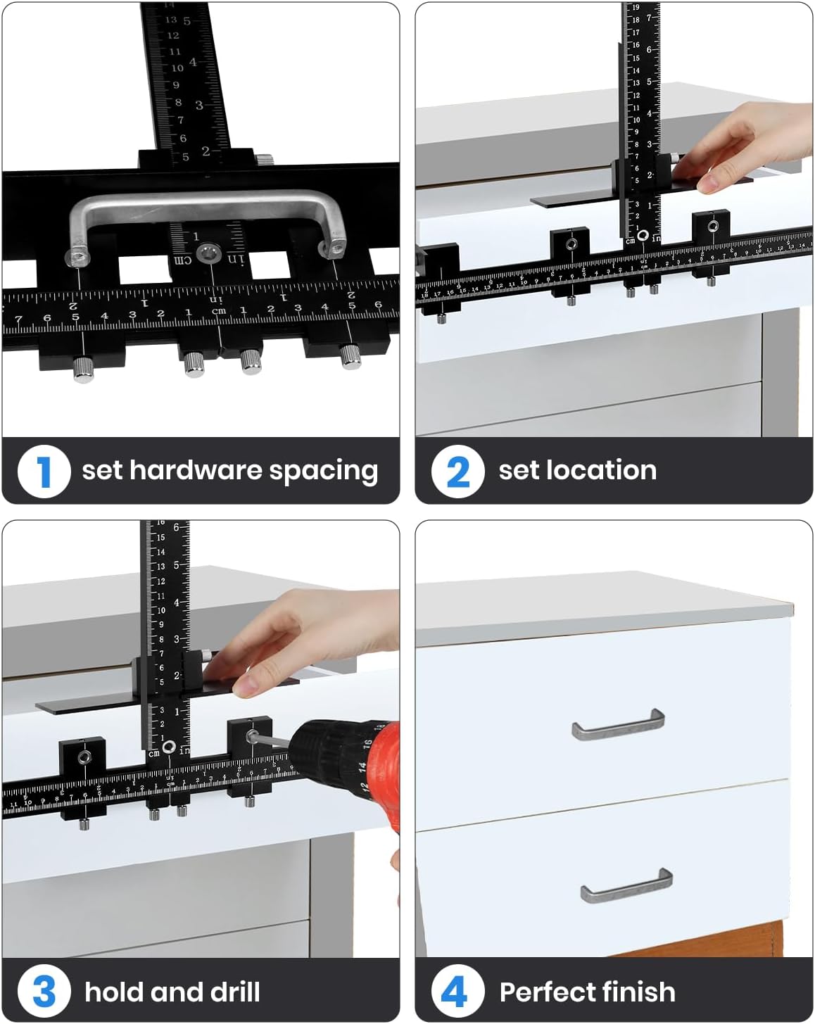 New Cabinet Hardware Jig Tool Set - Aluminum Alloy Cabinet Handle Jig – With Automatic Center Punch, Cabinet Jig 14-Piece - Adjustable Drill Guide for Cabinet Installing/Drawer Knobs - Door Pulls
