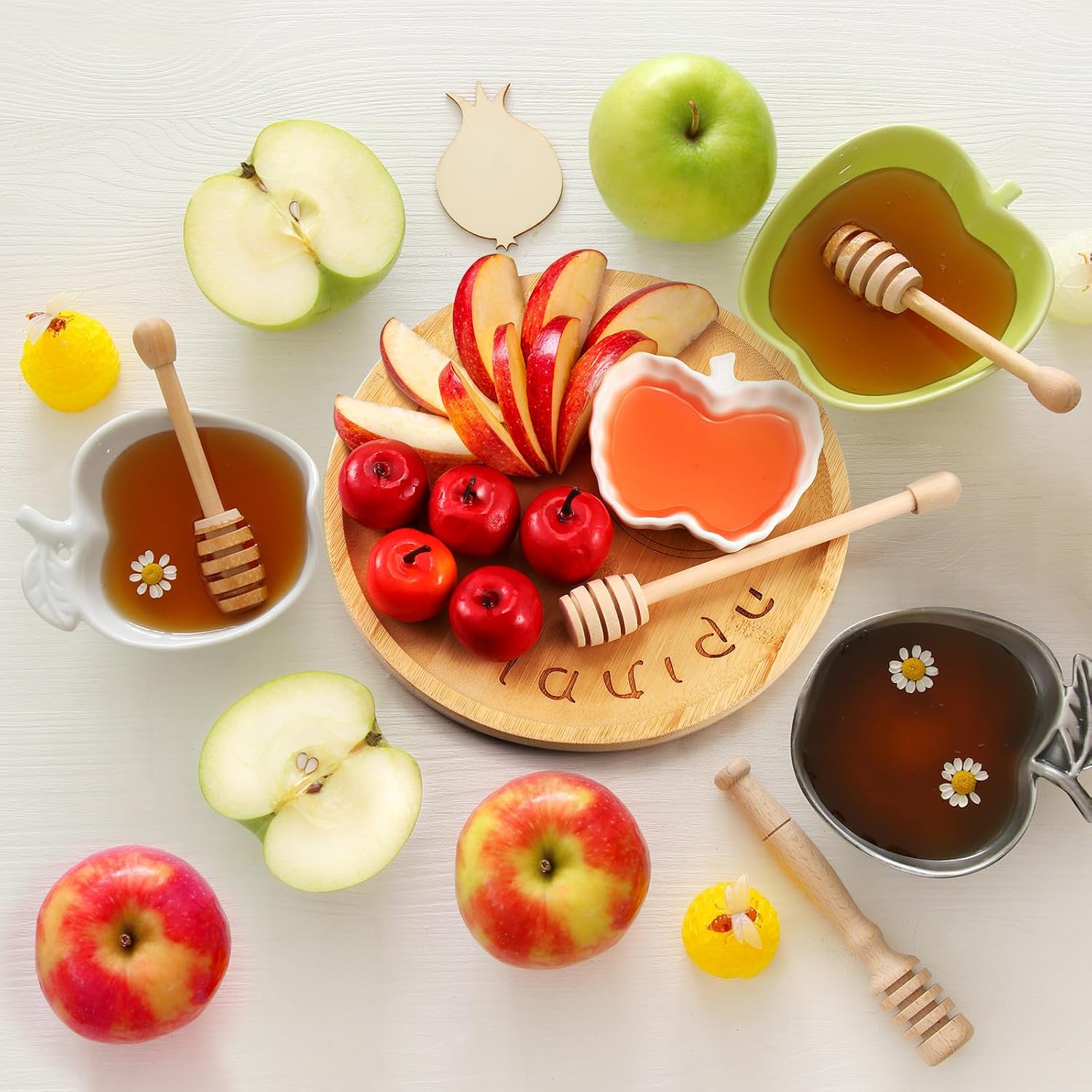 Reallnaive 3 Pcs Rosh Hashanah Apple Honey Plate Dish, Bamboo Set, Apple image 2