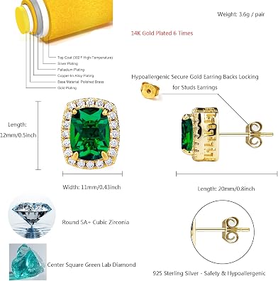 TOPGRILLZ Square Stud Corloful Earrings Rectangle 5A+ Cubic Zirconia 14K Gold Plated Multiple Colors Big Square Stud Earrings Jewelry For Men Women