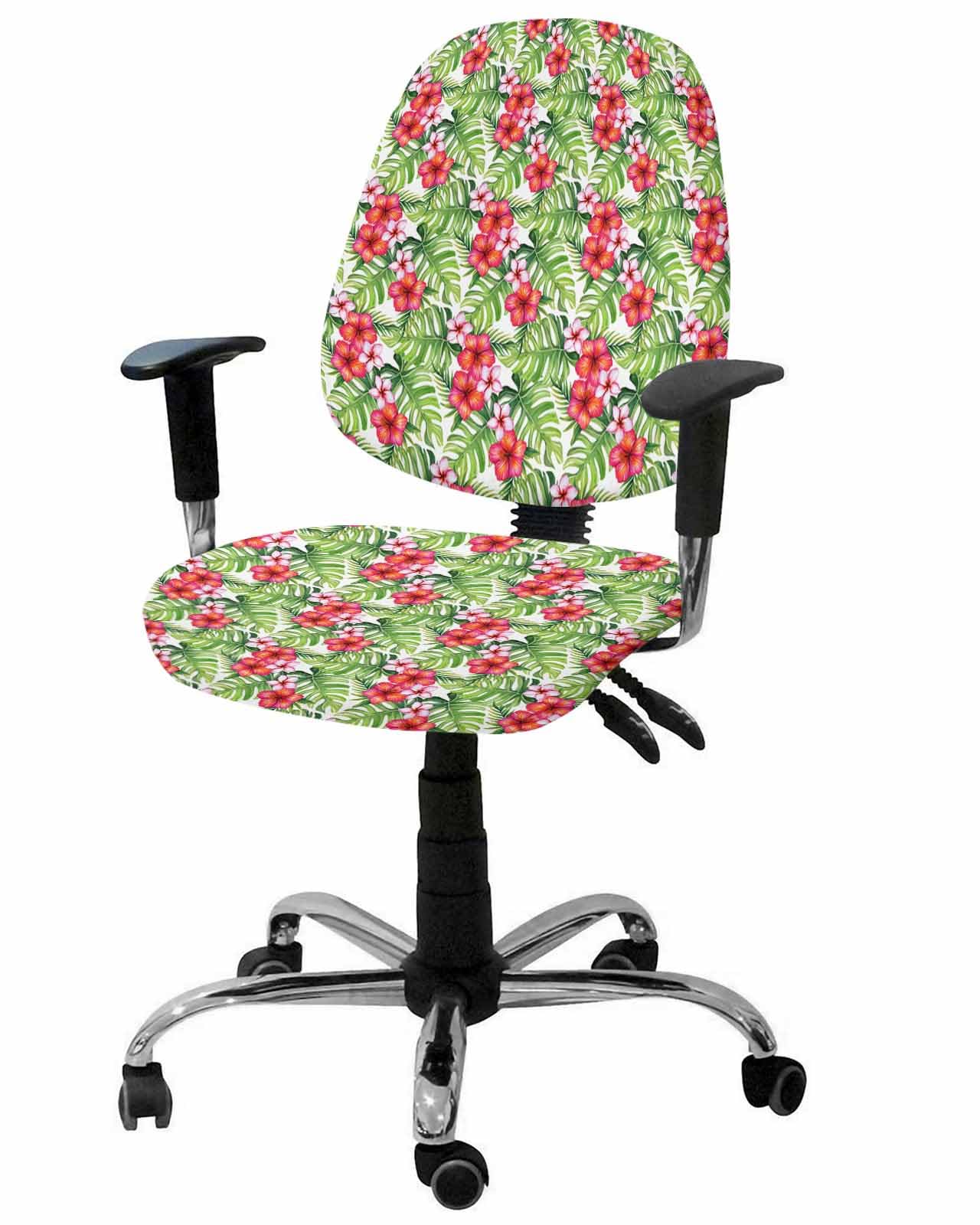 Summer Flowers Leaves 2 Pieces Computer Office Chair Covers Set,Stretchable Desk Rotating Chair Seat Cushion Slipcover Back Covers,Pastoral Botanical Tropical Plants Slipcover Back Cover Protector
