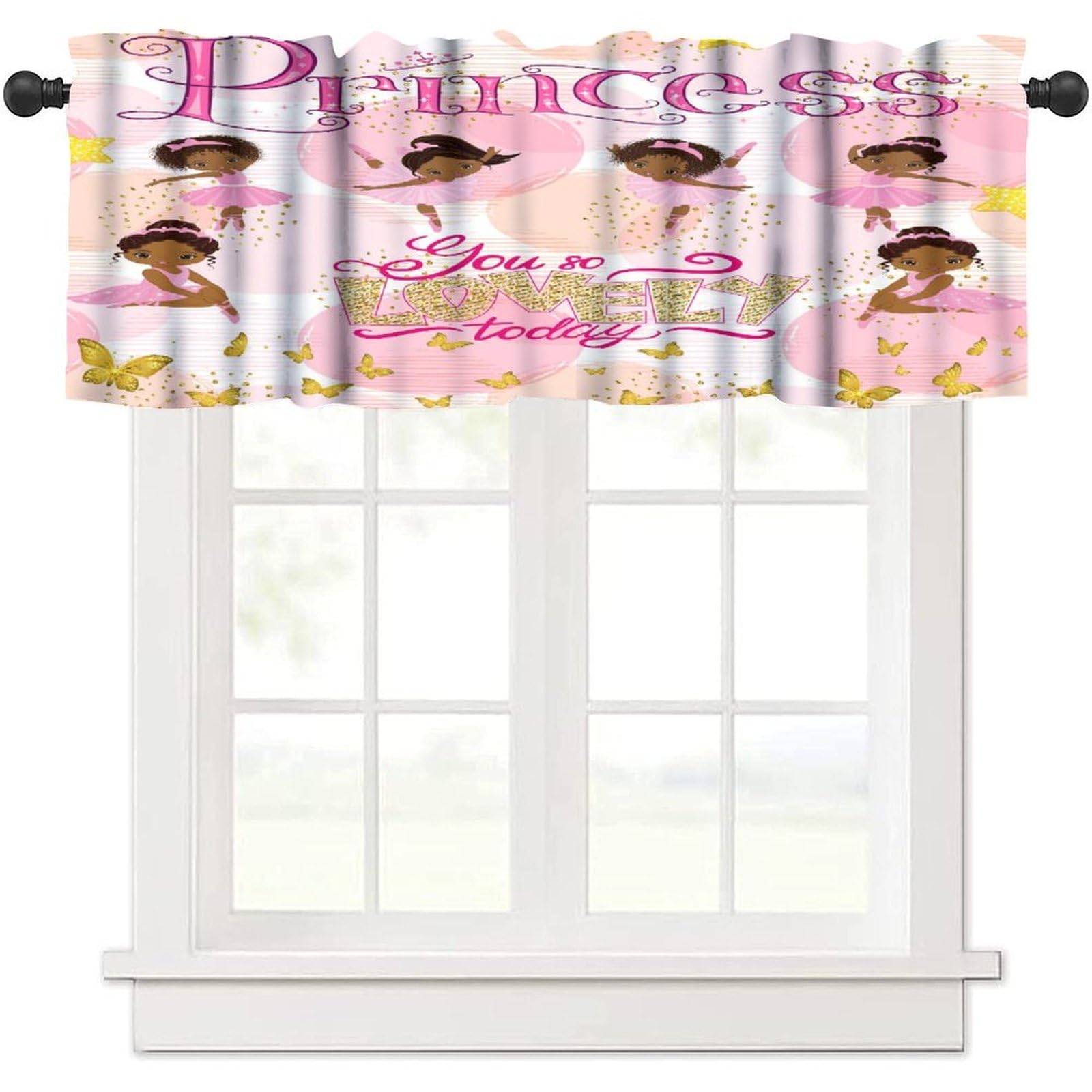 Cartoon Girl Kitchen Valance Curtain,Ballerinas Ballet Princess Dancer Black Girl Printed Small Window Treatments For Kitchen Living Room Bathroom Cafe Decor Rod Pocket Valances 54x18 Inch, 1 Panel