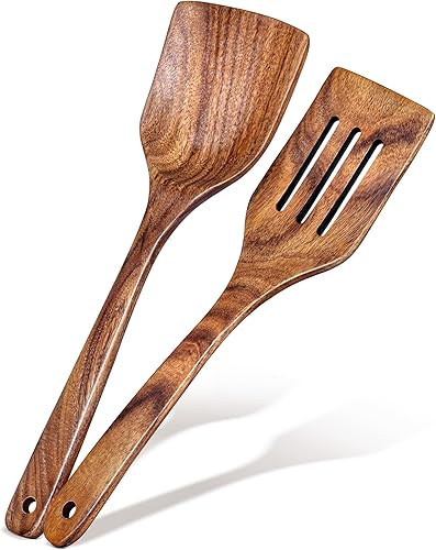 Juego de 2 espátulas de madera, espátula de acacia maciza y ranurada, espátulas planas de mango largo, regalo de cocina ideal para madre y abuela,