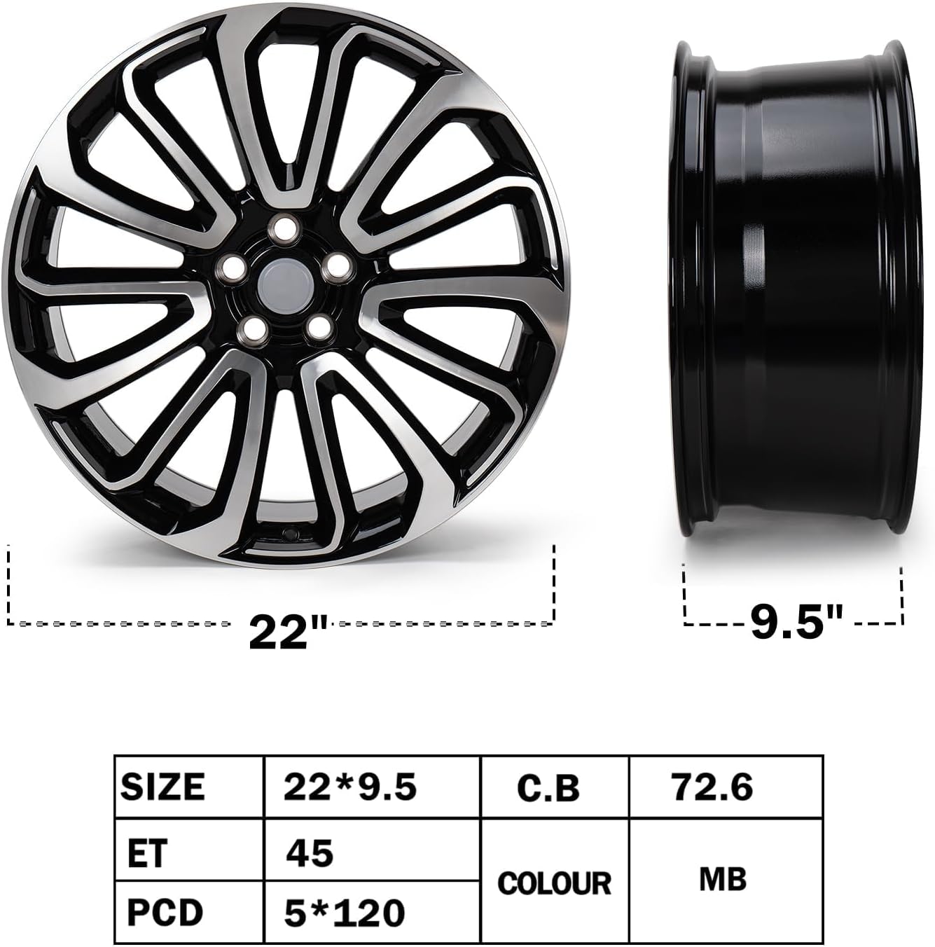 4 Set 22 x 9.5 Inch Aluminum Wheel Rim Compatible with Land Rover Range Rover 2013-2022, PCD 5×120mm, Offset 45mm, CB 72.6mm, Front or Rear Direct Replacement Machined Black Rim
