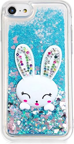 Miniatura 2 de LCHDA Funda con purpurina líquida para iPhone 7 Plus 8 Plus con bonitas orejas de conejo de dibujos animados 3D, soporte de arena movediza