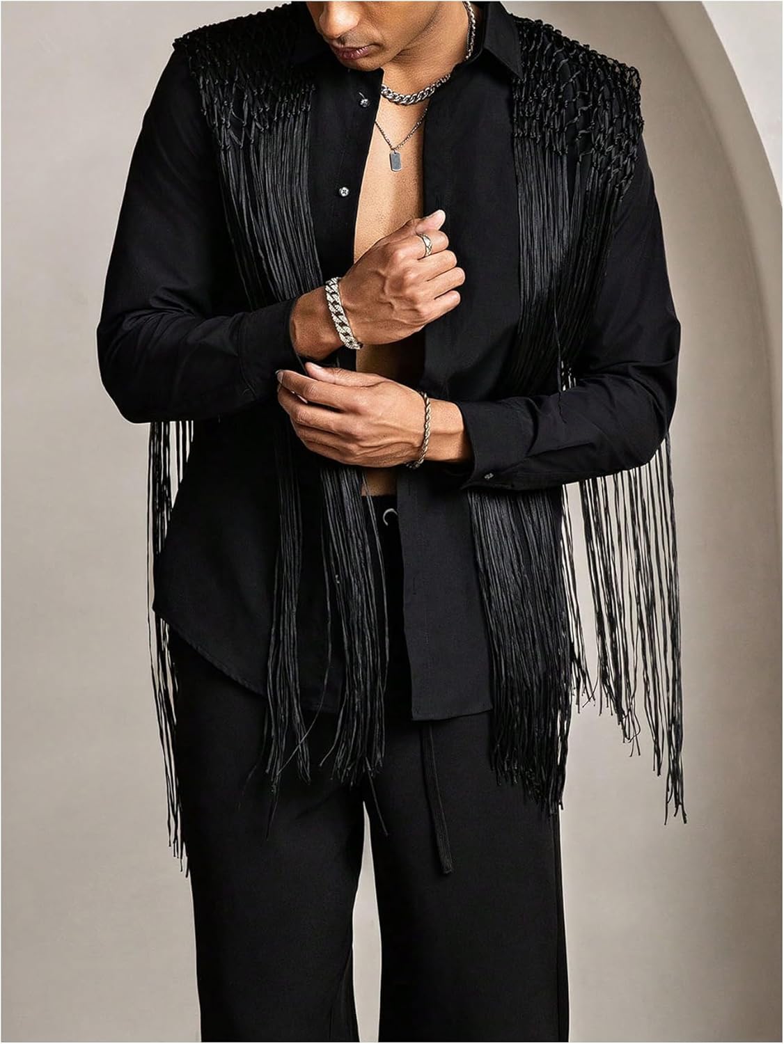 Men's Fringe Tassel Shirts Fringe Button Down Long Sleeve Party Disco Rave Shirt - Image 3