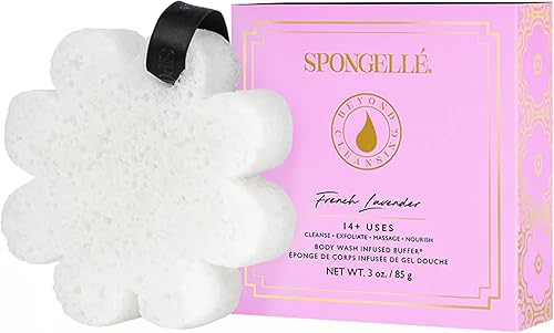 Spongelle - Exfoliante corporal de lavanda francesa con flores silvestres con caja, esponja de baño y ducha para mujeres, exfoliante con gel de baño