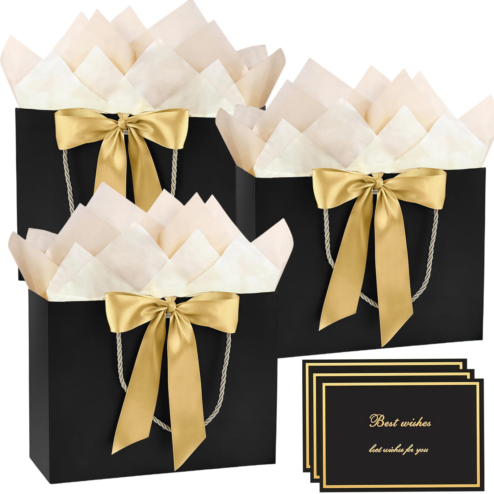 3 Pack Medium Gift Bags with Tissue Paper and Cards, Black Paper Present Bags with Handles for Birthday Men Women Wedding Christmas G-ifts, 28 x 20 x 10 cm