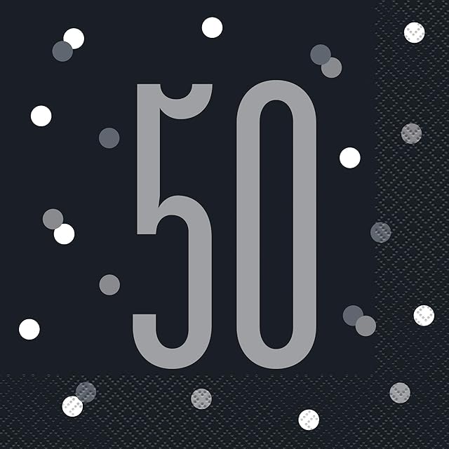Unique 83547 Black Polka Dots 50th Birthday Luncheon Napkins Disposable | 16 Pcs, Age 50