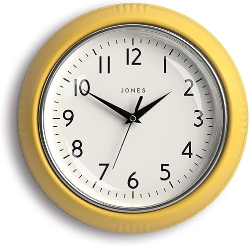 JONES CLOCKS Reloj de pared Ketchup  Reloj de comedor retro redondo  10 pulgadas  Amarillo  Ideal para la cocina, sala de estar, oficina o