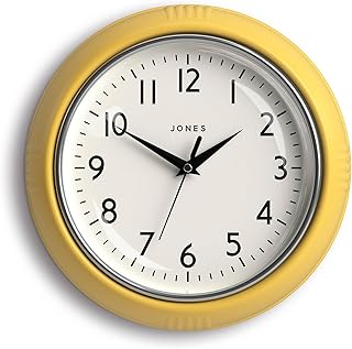 JONES CLOCKS® Ketchup Wall Clock | Round Retro Diner Clock | 10 inch | Yellow | Ideal for The Kitchen, Living Room, Office or Bedroom | Easy to Read Numbers