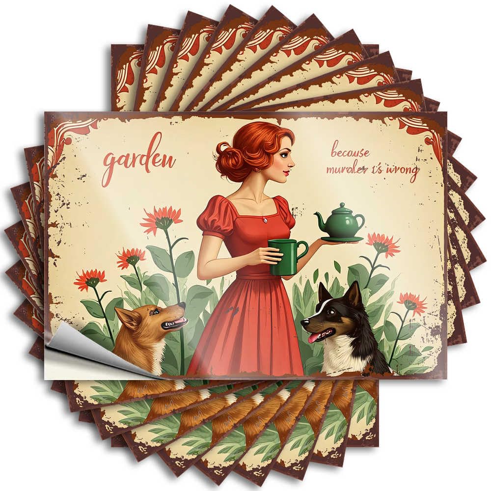Fzfn Colour Tattoos Dorm Room Stuff Durable Vinyl - Vintage Garden Tea Time With Dogs Bottle For Water Use(12X18cm)