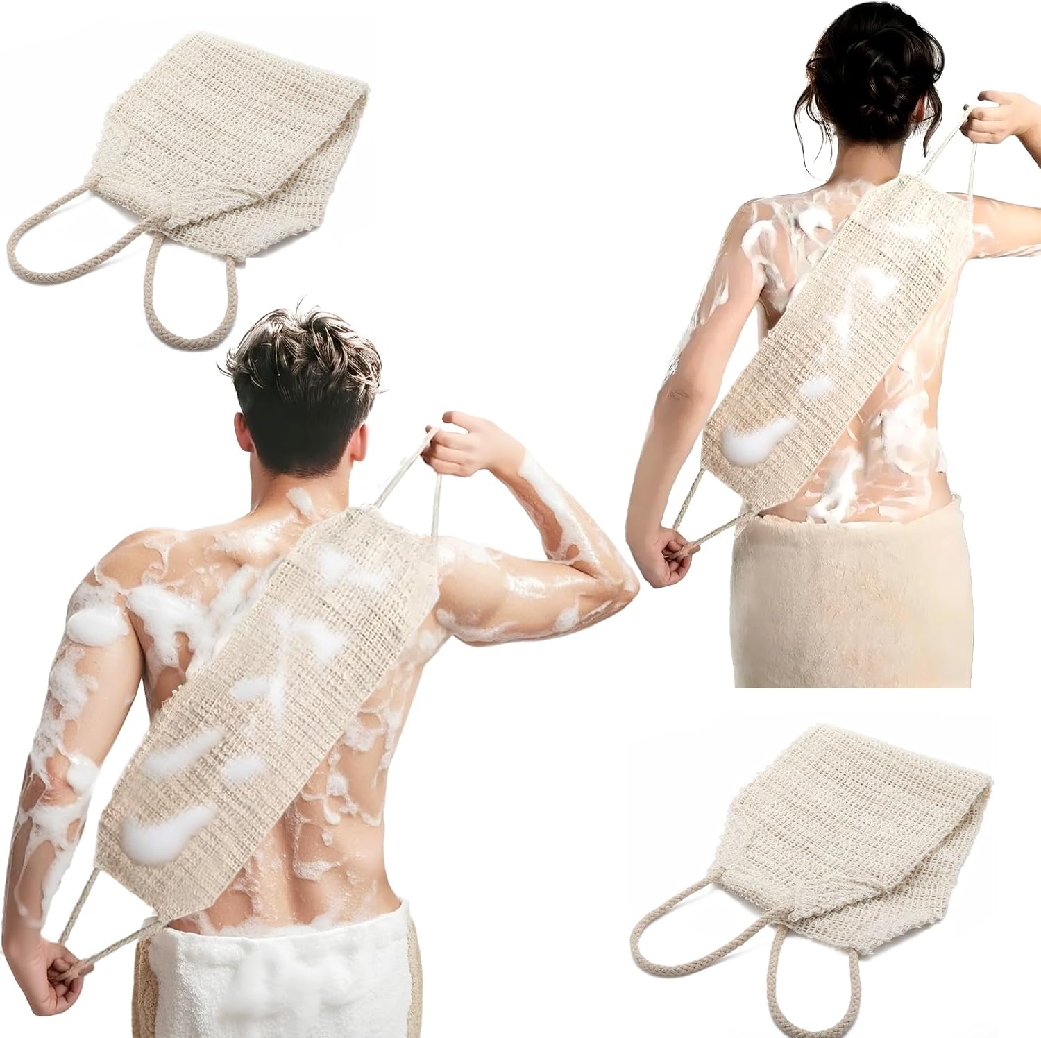 Natural Sisal & Ramie Exfoliating Body Scrubber for Shower with Handle（3 pcs） - Deep Cleanse Back Scrubber, Scrub Spa Tool for Glowing Skin & Whole Body Care (3pcs)