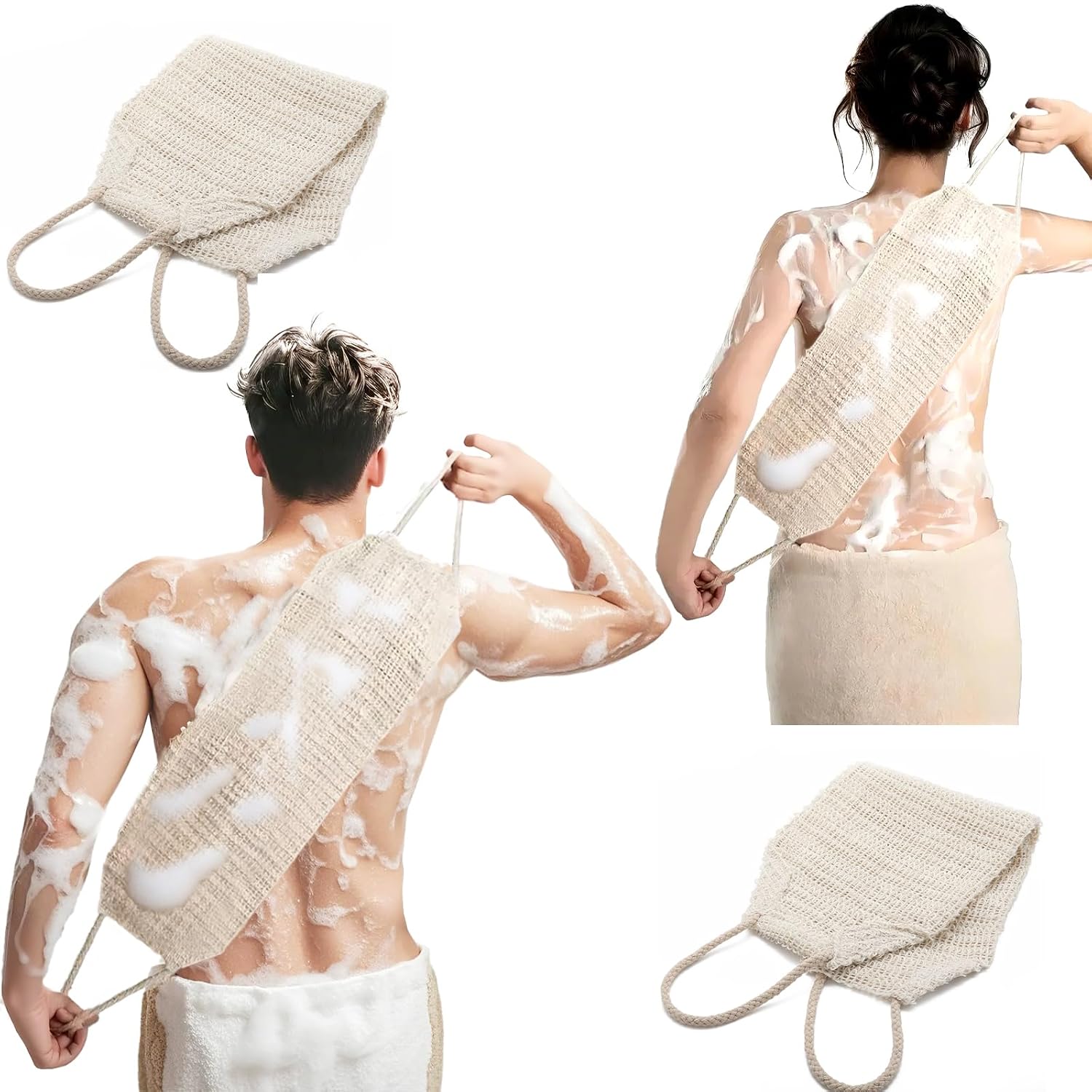 MARRASSA Natural Sisal & Ramie Back Scrubber for Shower with Handle（2pcs） - Deep Cleanse Back Scrubber, Scrub Spa Tool for Glowing Skin & Whole Body Care (2pcs)