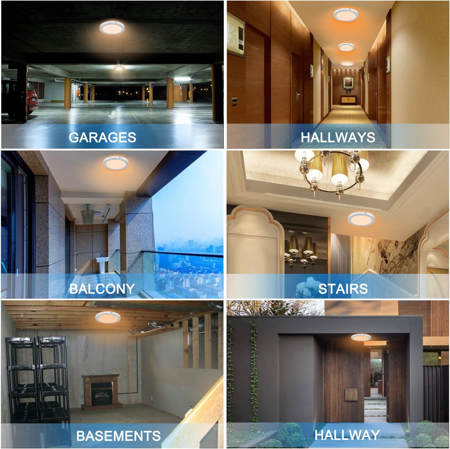 Examples of Youtob Motion Sensor LED Ceiling Light applications in garages, hallways, balconies, stairs, and basements.
