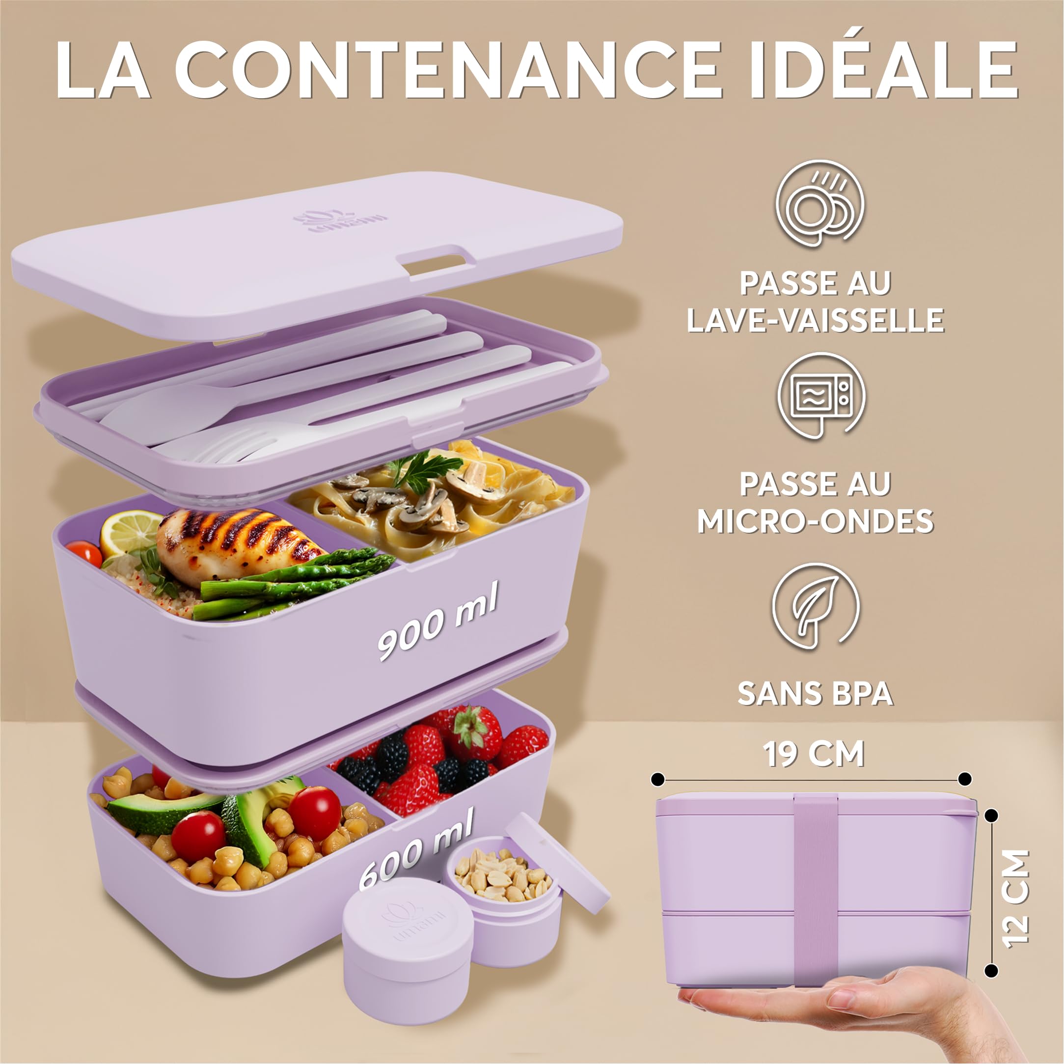 Umami Bento Lunch Box, Couverts & 2 Pots à Sauce Inclus, Boîte Repas Encastrable, Lunchbox Micro-Ondable, Boîte à Lunch Adulte Compartimentée, Bento Box, Violet Lavande, 1500 ml