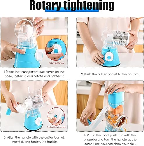 Miniatura 5 de Rallador giratorio de queso con asa trituradora de queso multifuncional para papas y chocolates vegetales seguro sin dañar las manos azul
