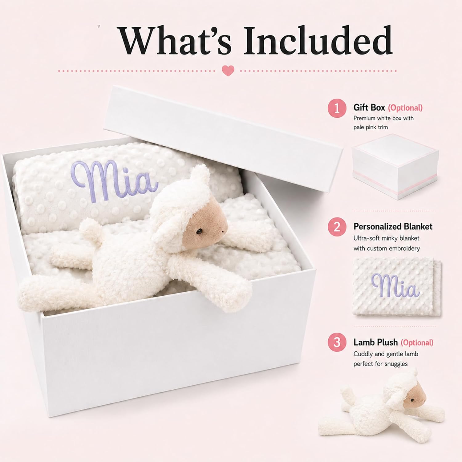 Personalized Baby Blanket with Optional Sheep Plush, Custom Minky Dot Blanket with Embroidered Name, Personalized 2-in-1 Infant Gift Set for Boys Girls Showering, Birthday(30"x40")