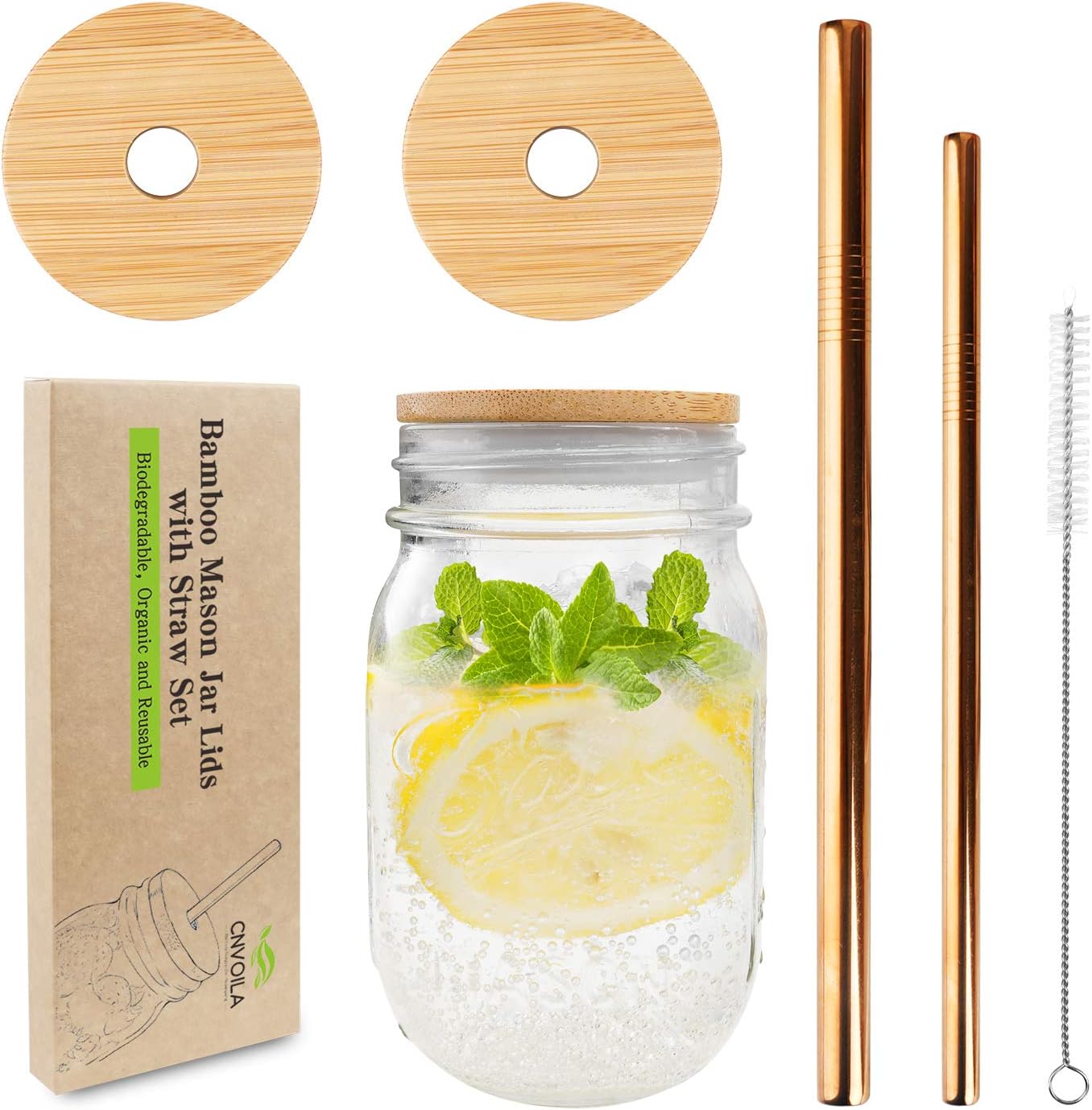 Mason Jar Lids with Straw Hole, CNVOILA ECO Reusable Bamboo Mason Jar Lids for Regular Mouth Mason Jar with 2 Reusable Stainless Steel Straw &amp;ndash; 2 LIDS &amp;amp; Golden Straw