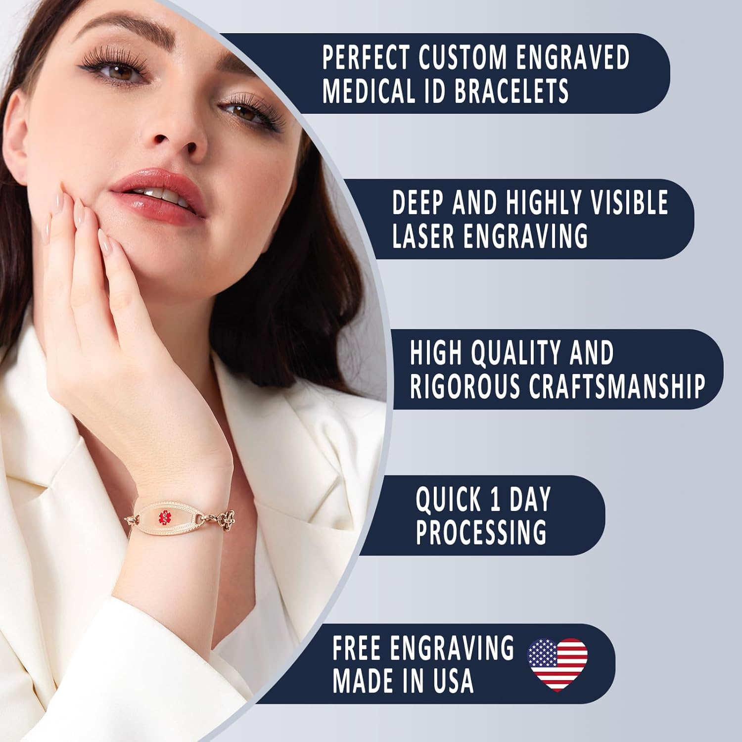 Divoti Medical Premier Alert ID Bracelets for Women | Custom Engraved Medical ID Bracelet | Hypoallergenic 304L Material, Stainless Steel | Hand-Woven Metal Chain with Lobster Claw Clasps Jewelry