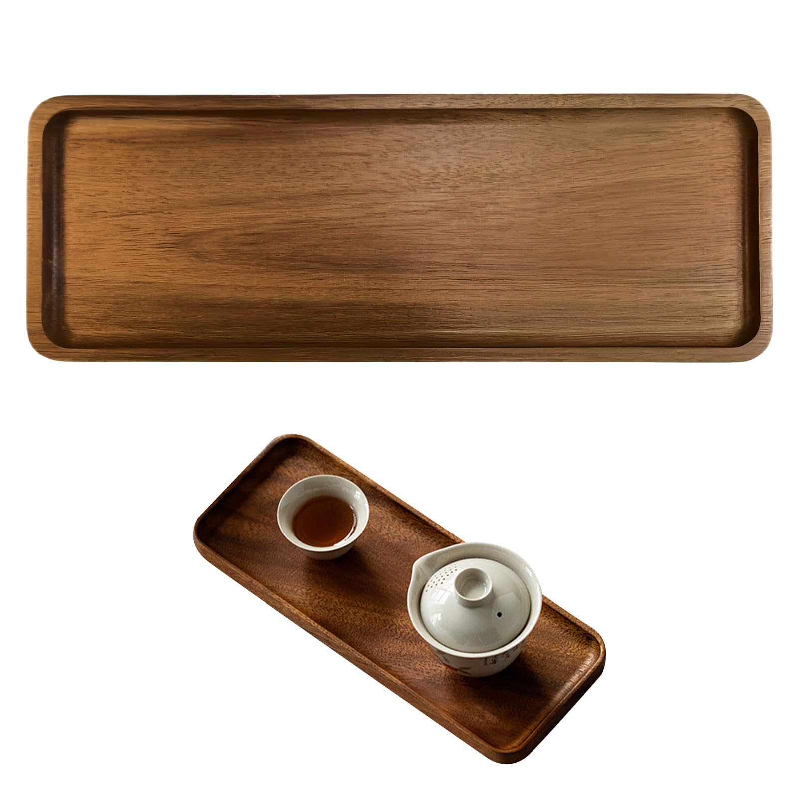 Qianeffort Wooden Tray, Rectangular, Brown, 29x10.8CM, Multipurpose Serving Tray for Food, Beverages, Organization, Rustic Style, Convex Edge, 100% Wood