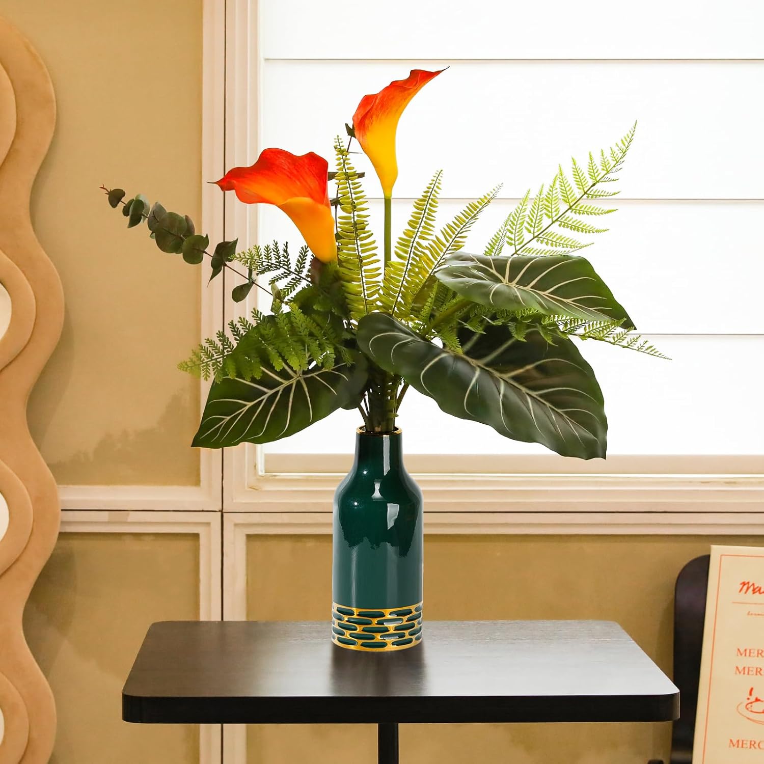 JUSTOYOU Artificial Calla Lily Flower Big Fake Calla Lily Greenery Bouquet for Vase Decor Big Faux Calla Lily Centerpieces Flower for Table Greenery Flower Bouquet with Vase for Home Office Decor