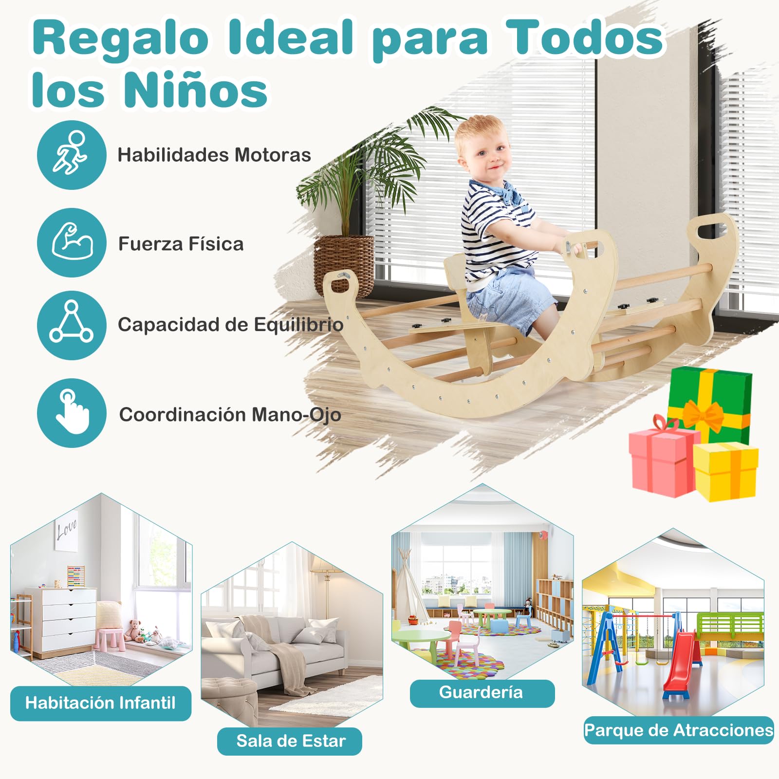 COSTWAY Arco de Escalada para Niños Montessori, 4 en 1 Juguetes de Escalada de Madera, Juego de Interior con Escalador de Arco, Balancín, Túnel para Gatear, Respaldo y Asiento Lisos (Natural)
