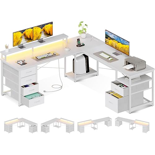 AODK 66" L Shaped Computer Desk, 113“ Reversible Home Office Desk with File Cabinet & 4 Fabric Drawers, Two Person Desk with LED Lights & Power Outlet, Corner Gaming Desk with Monitor Shelf, White