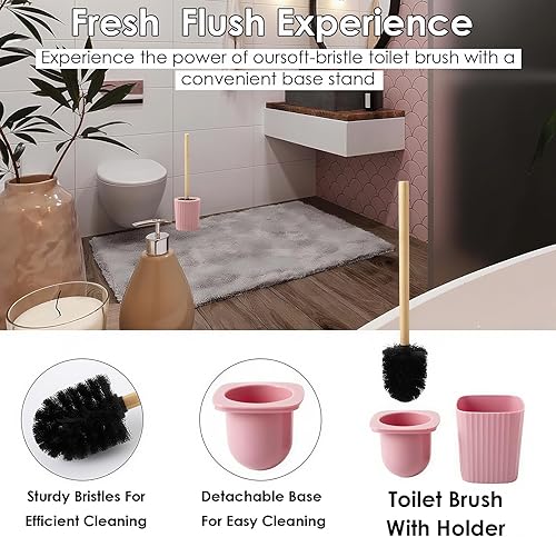 Miniatura 5 de Juego de accesorios de baño rosa, juego de baño de bambú de 10 piezas con bote de basura, bandeja, dispensador de jabón, jabonera, soporte para