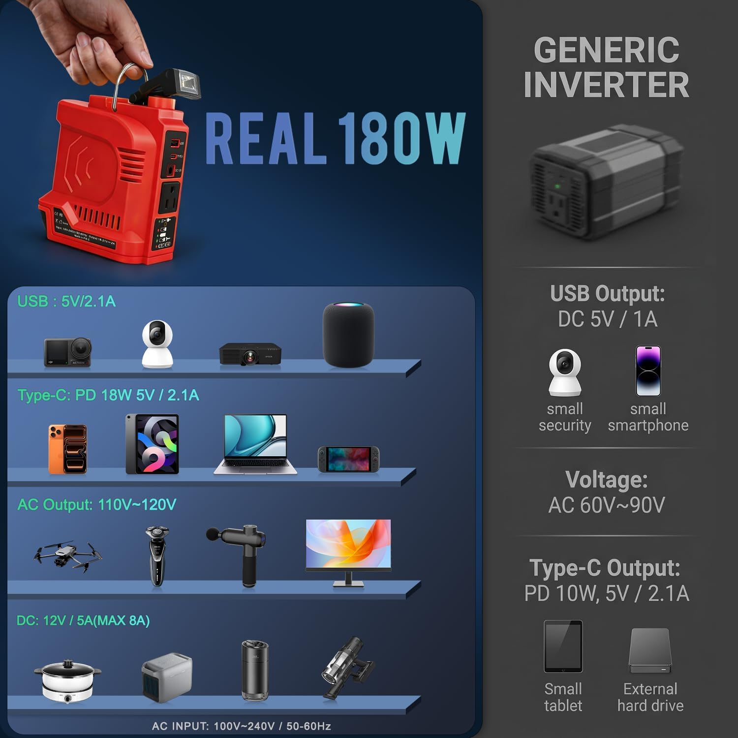 180W Portable Power Inverter Compatible with Milwaukee 18V Battery, AC Input Dual Charging, 360° LED Light, Battery Gauge, USB-C PD/USB QC 3.0/DC Port/AC Outlet, for Camping, Emergency Use (Tool Only)