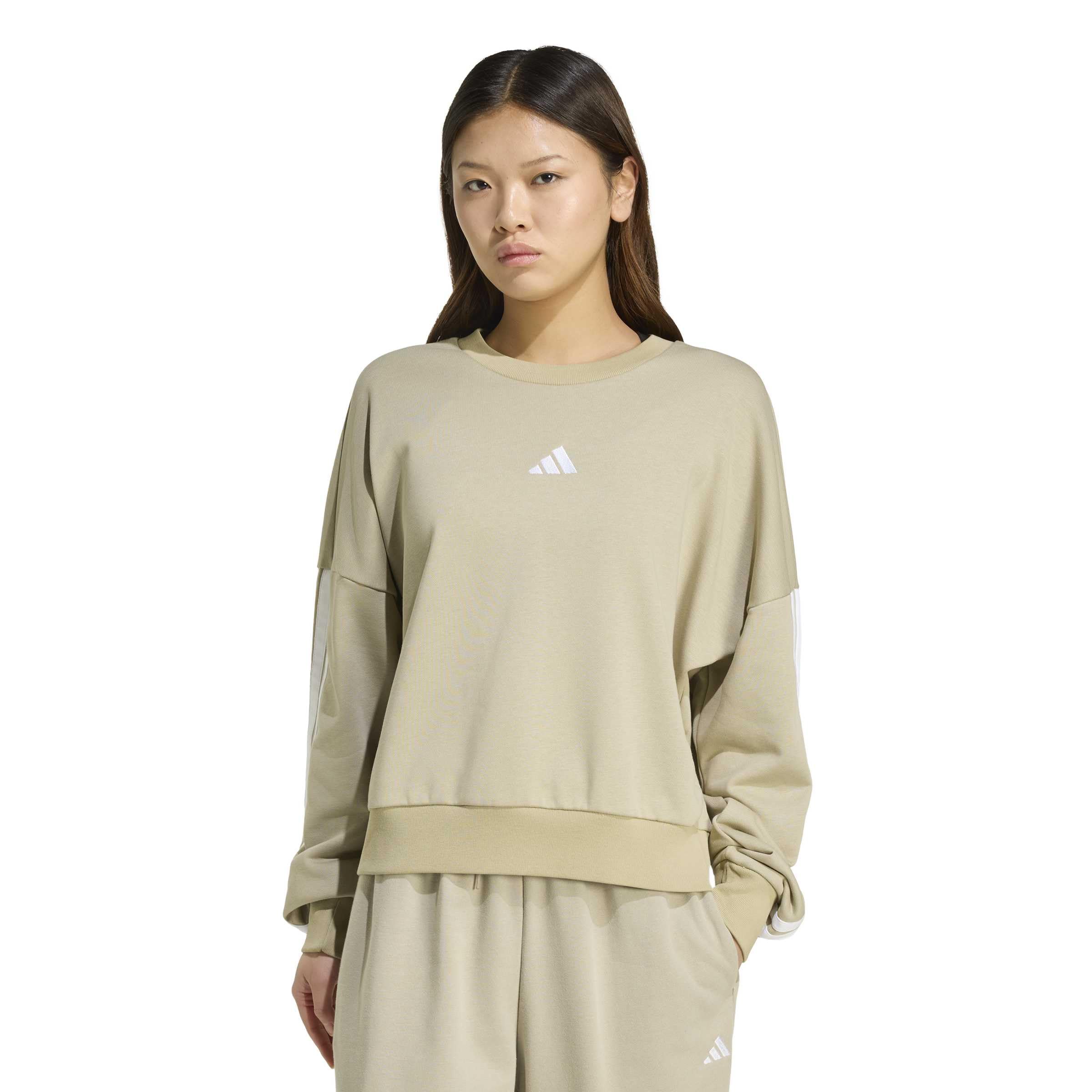 adidas dames ESSENTIALS 3-STRIPES FRENCH TERRY SWEATSHIRT, Wonder Cargo/white, S